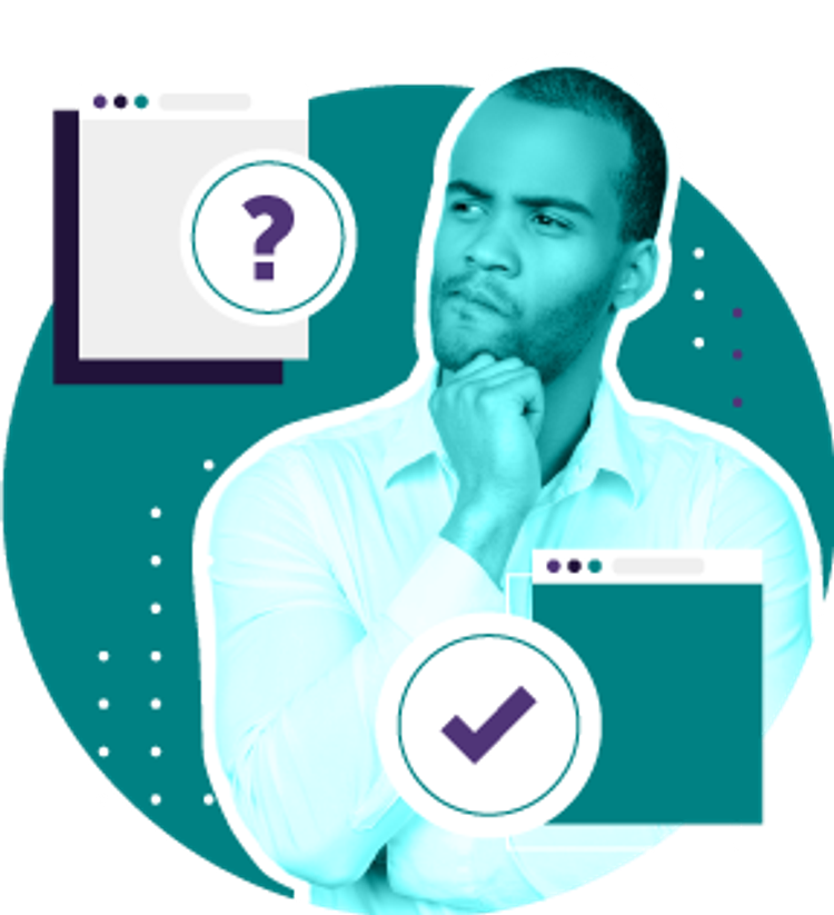 Teal colored photo of a man resting hand under chin with thinking expression on his face. Illustration of an app window with a question mark it in the background.