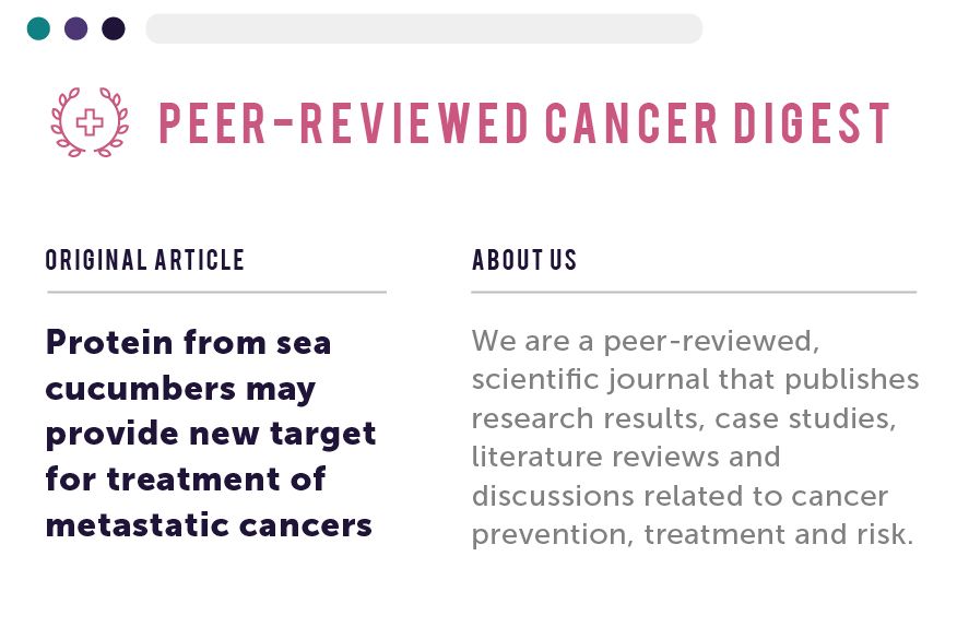 Illustration of a website article, with the page title: Peer-reviewed cancer digest. The headline of the article is: Protein from sea cucumbers may provide new target for treatment of metastatic cancers.