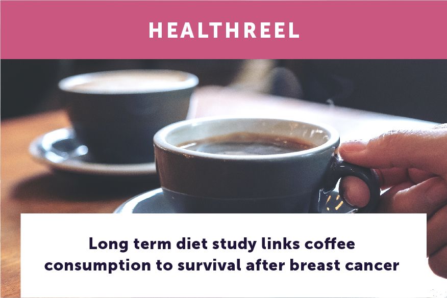 Illustration of a website article, with the website title: Health Reel. The headline of the article is: Long-term diet study links coffee consumption to survival after breast cancer. Photo in the article shows two coffee cups sitting on a table.